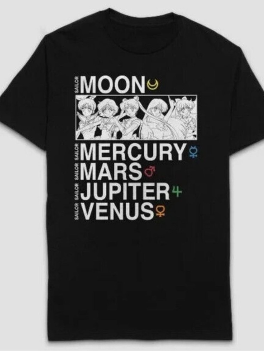 Sailor Moon Graphic Black T-Shirt - Moon, Mercury, Mars, Jupiter, Venus